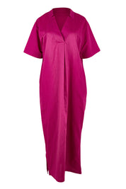 Product shot of the Linen Cotton V Neck Maxi Dress in colour Magenta (Pink), from the front