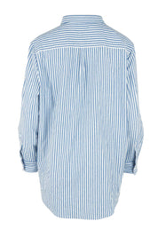 Product shot of the Cotton Oversized Stripe Boyfriend Shirt in colour Blue (Blue), from the back