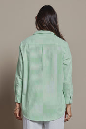 Model Amanda wearing size 10 of the Cotton Oversized Stripe Boyfriend Shirt in colour Green (Green), from the back
