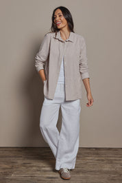 Model Amanda wearing size 10 of the Cotton Oversized Stripe Boyfriend Shirt in colour Latte, from the front, showing the whole outfit