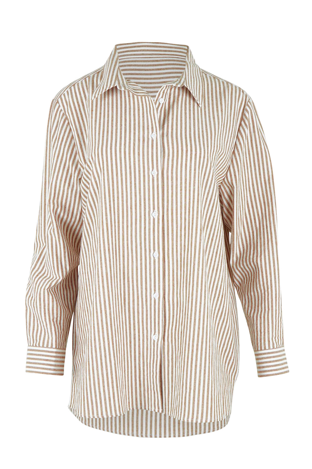 Product shot of the Cotton Oversized Stripe Boyfriend Shirt in colour Latte, from the front