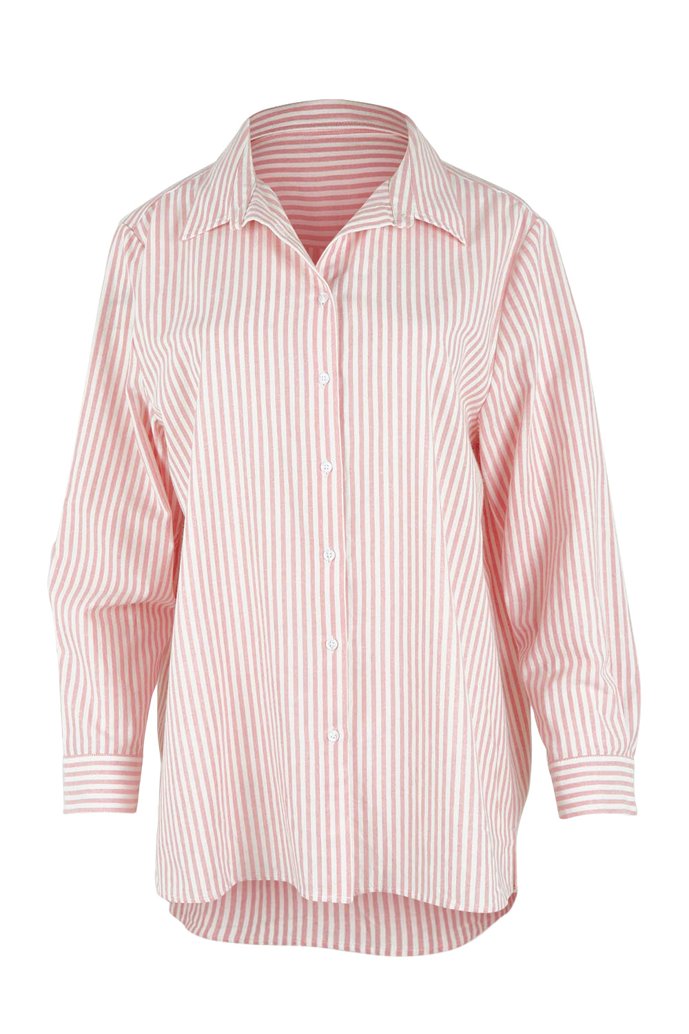 Product shot of the Cotton Oversized Stripe Boyfriend Shirt in colour Pink (Pink), from the front