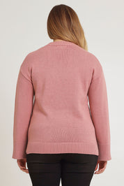 Model Chanel wearing size XL of the Cotton Wool Cashmere Relaxed Jumper in colour Pink (Pink), from the back