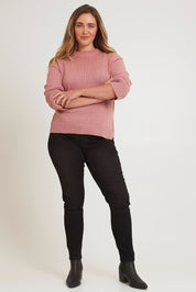 Model Chanel wearing size XL of the Cotton Wool Cashmere Relaxed Jumper in colour Pink (Pink), from the front, showing the whole outfit