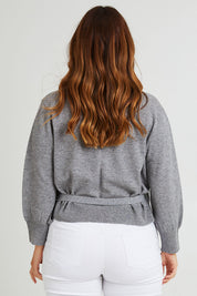 Model Laura wearing size L of the Wool Cashmere Wrap Sweater in colour Grey (Grey), from the back