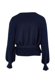 Product shot of the Wool Cashmere Wrap Sweater in colour Peacoat (Blue), from the back