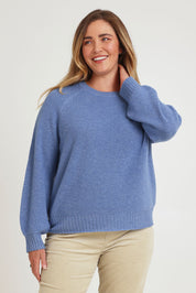 Model Chanel wearing size XL of the Wool Cashmere Sweater in colour Softblue (Blue), from the front, cropped image
