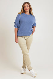 Model Chanel wearing size XL of the Wool Cashmere Sweater in colour Softblue (Blue), from the front, showing the whole outfit