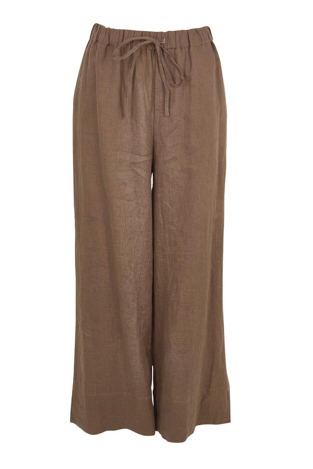 Product shot of the Linen Drawstring Pant – Coffee in colour Coffee, from the front