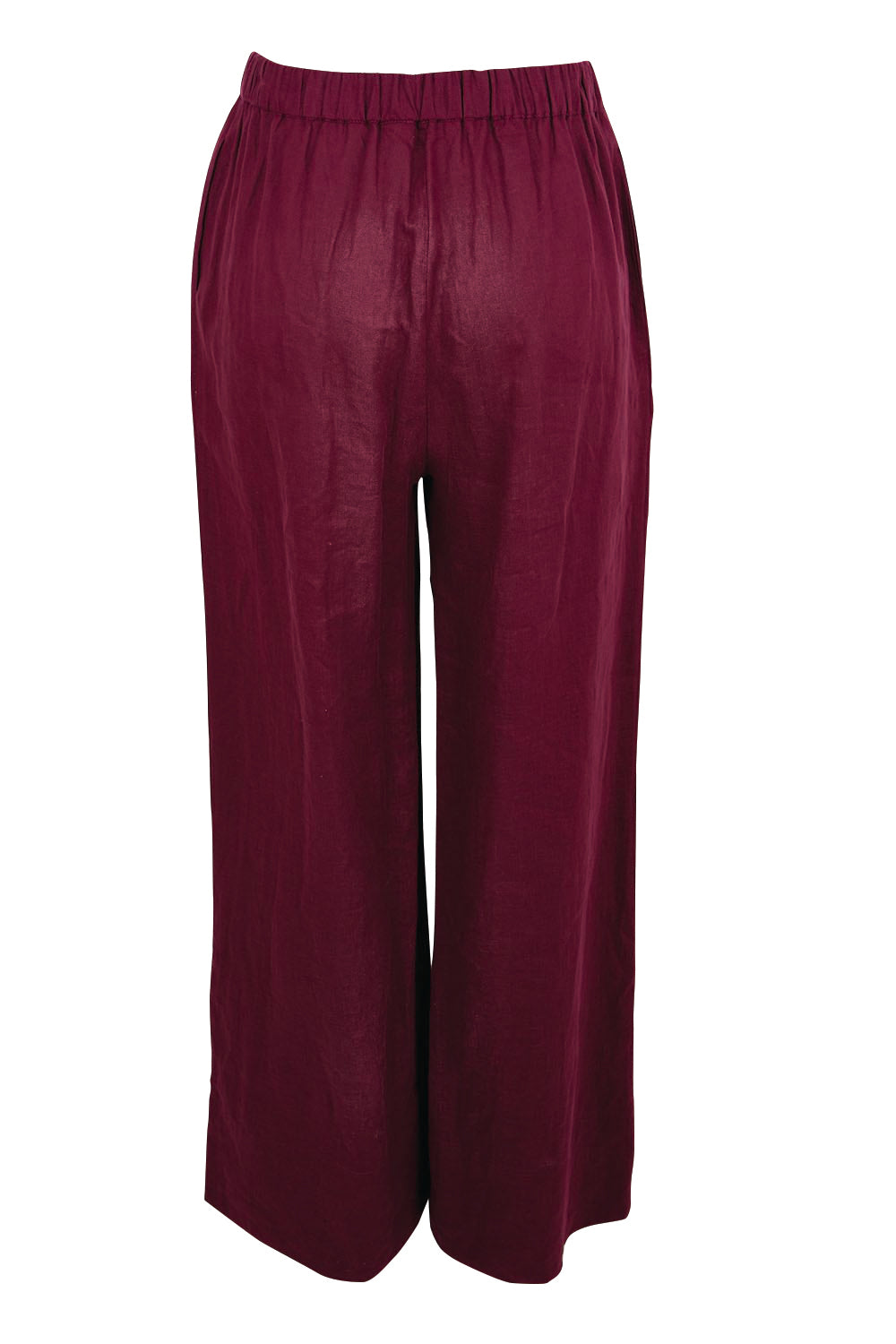 Product shot of the Linen Drawstring Pant – Plum in colour Plum, from the back