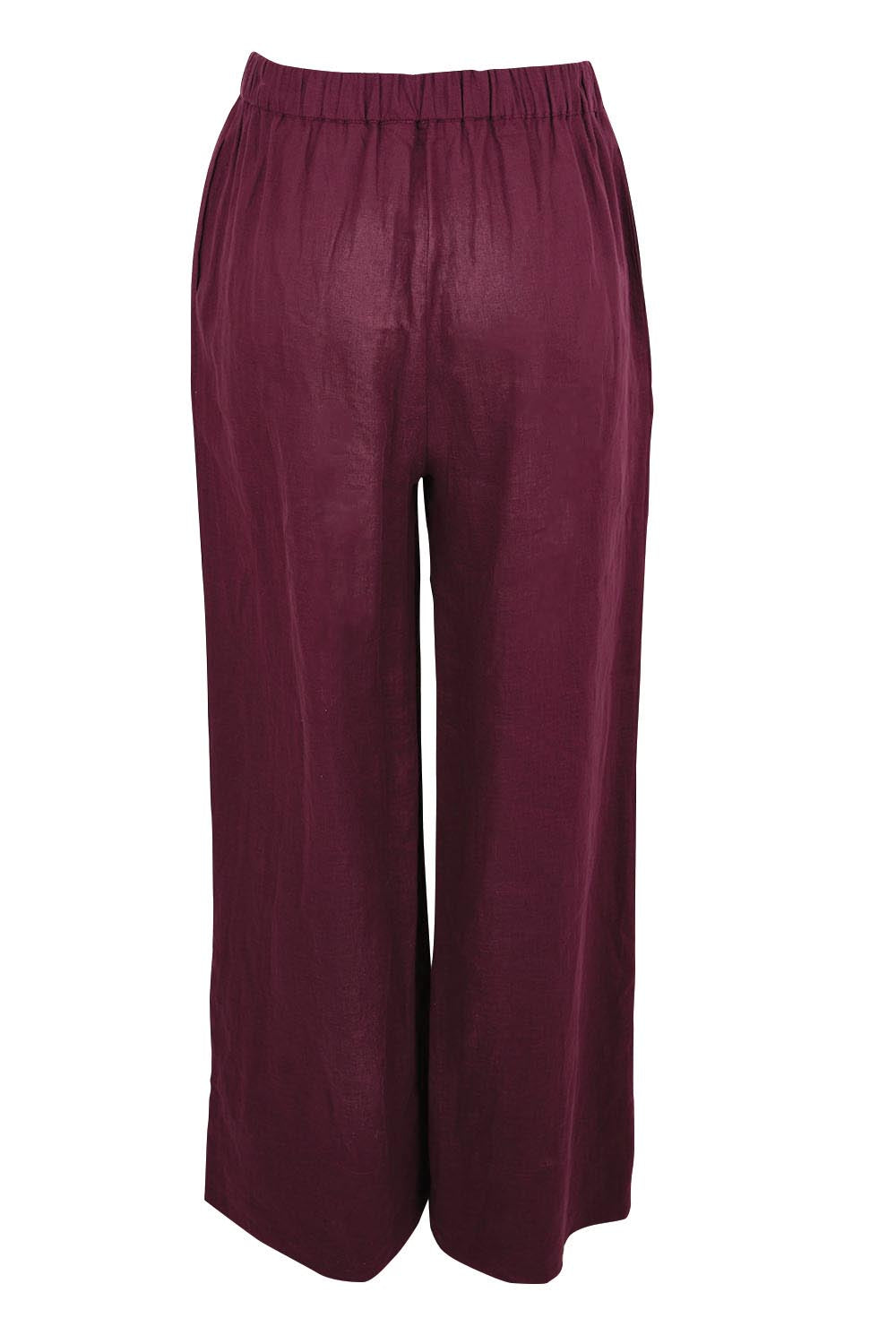Product shot of the Linen Drawstring Pant – Plum in colour Plum, from the back