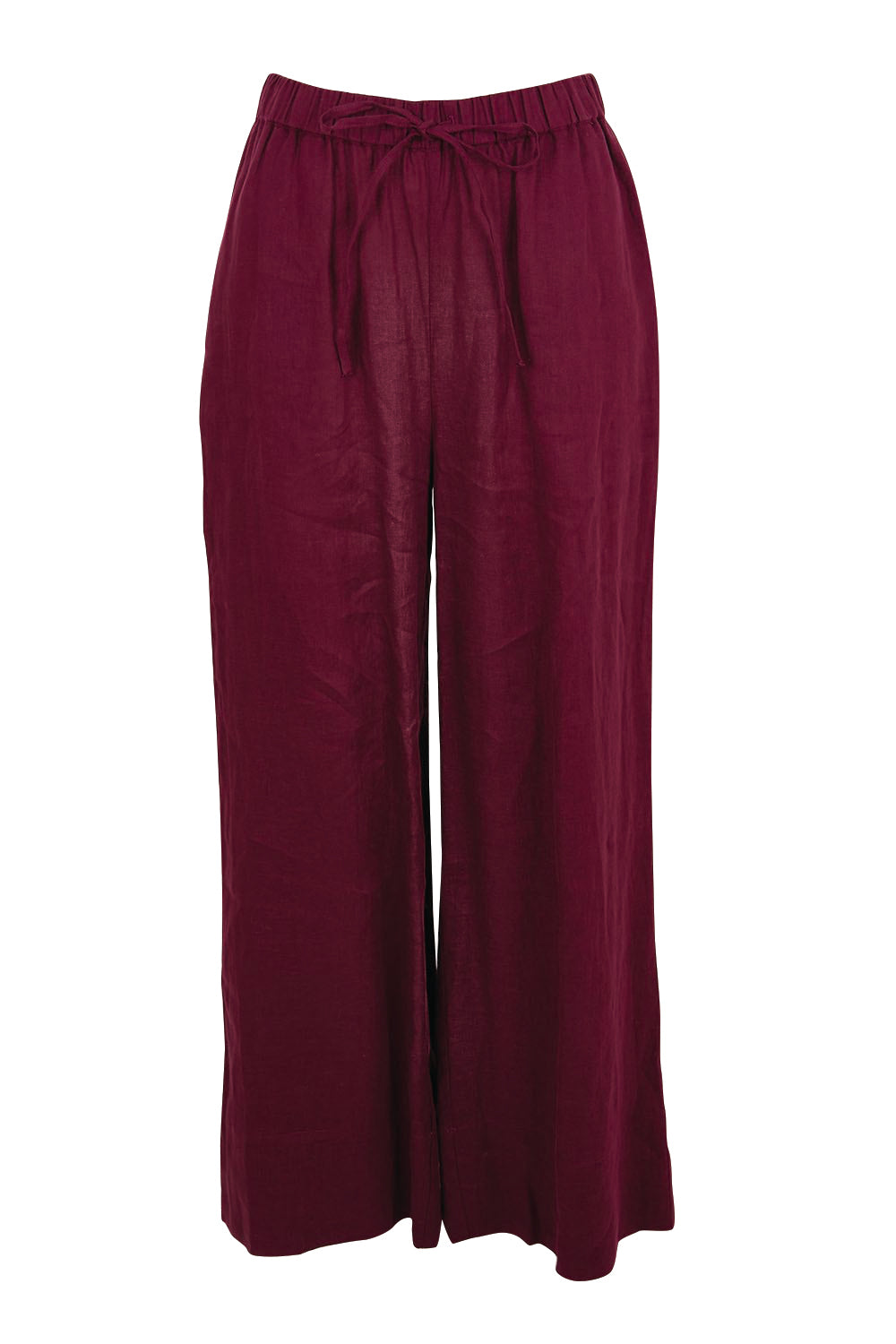 Product shot of the Linen Drawstring Pant – Plum in colour Plum, from the front