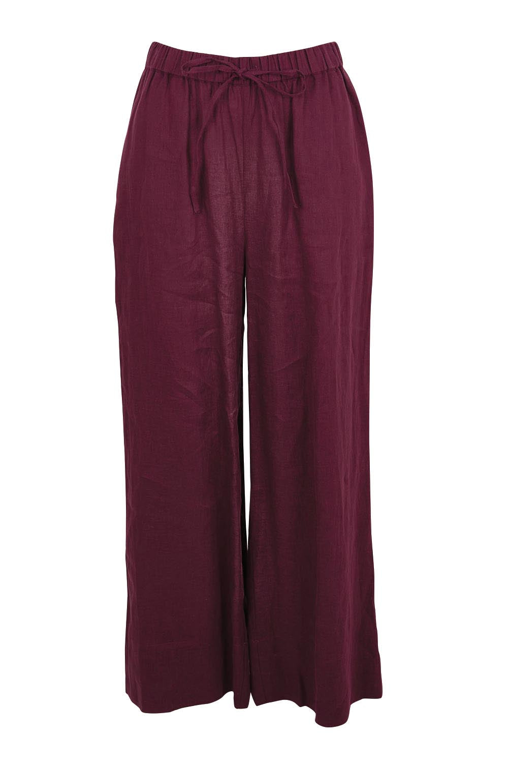 Product shot of the Linen Drawstring Pant – Plum in colour Plum, from the front