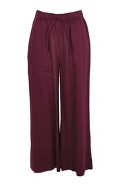 Product shot of the Linen Drawstring Pant – Plum in colour Plum, from the front