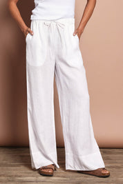 Model Amanda wearing size 10 of the Linen Drawstring Pant in colour White (White), from the front, cropped image