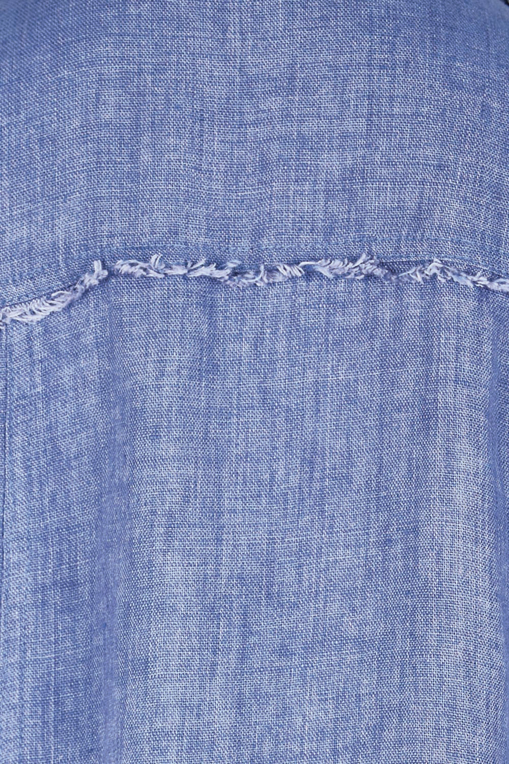 Product shot of the Linen Relaxed Jacket – Denim in colour Denim, showing detail