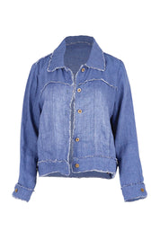 Product shot of the Linen Relaxed Jacket – Denim in colour Denim, from the front