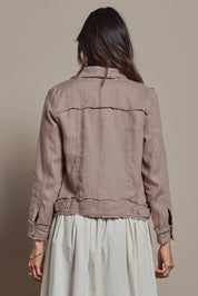 Model Amanda wearing size 10 of the Linen Relaxed Jacket in colour Latte, from the back