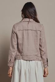 Model Amandam wearing size 10 of the Linen Relaxed Jacket – Latte in colour Latte, from the back