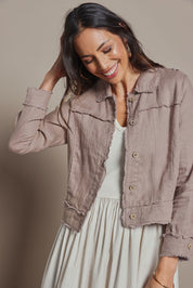Model Amandam wearing size 10 of the Linen Relaxed Jacket – Latte in colour Latte, in a cropped view