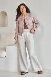 Model Tahneei wearing size 10 of the Linen Relaxed Jacket – Latte in colour Latte, from the front