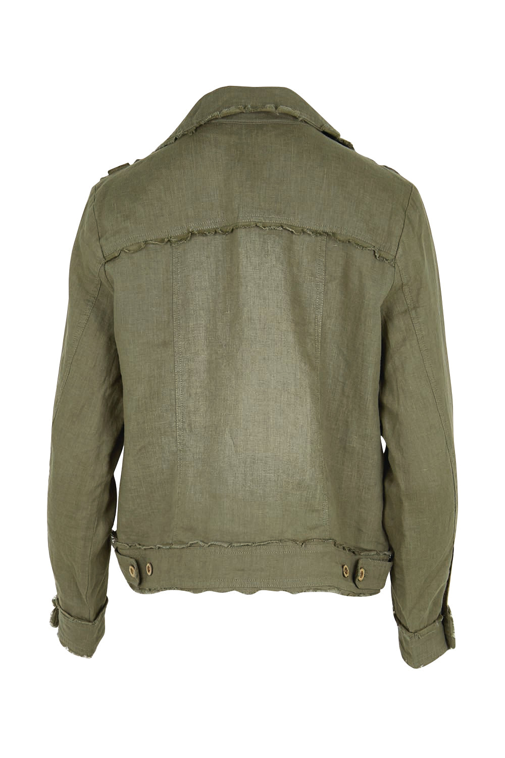 Product shot of the Linen Relaxed Jacket – Olive in colour Olive, from the back