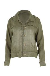 Product shot of the Linen Relaxed Jacket – Olive in colour Olive, from the front