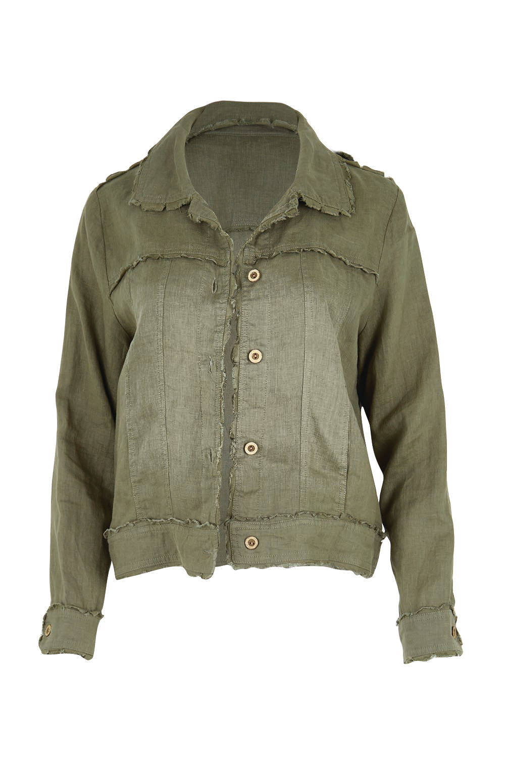 Product shot of the Linen Relaxed Jacket – Olive in colour Olive, from the front