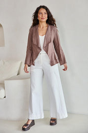 Model Tahneei wearing size 10 of the Linen Draped Jacket – Coffee in colour Coffee, from the front