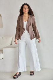 Model Tahneei wearing size 10 of the Linen Draped Jacket – Coffee in colour Coffee, from the front