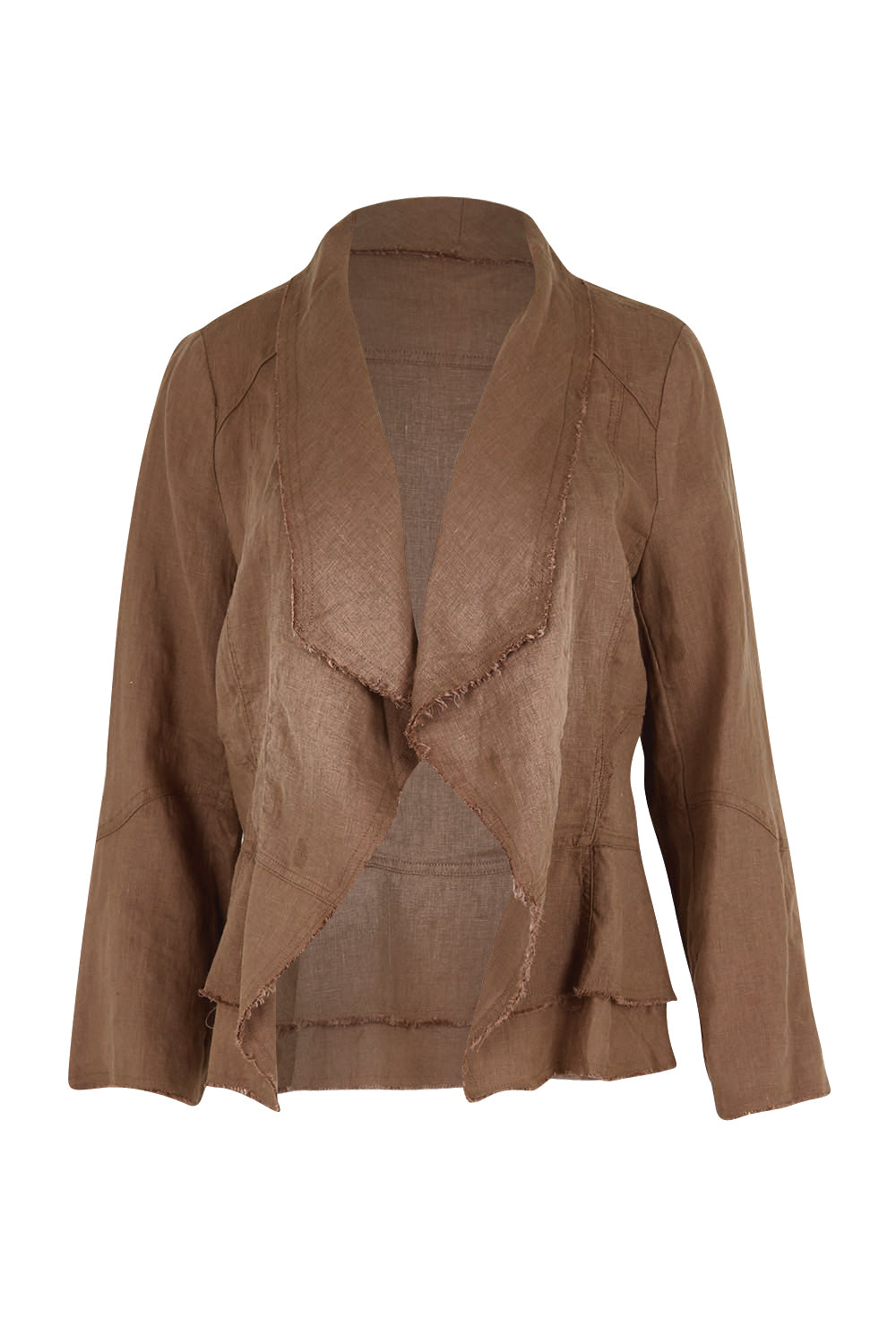 Product shot of the Linen Draped Jacket – Coffee in colour Coffee, from the front