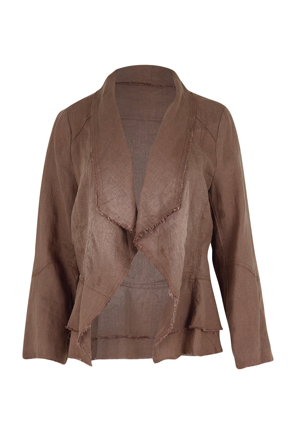 Product shot of the Linen Draped Jacket – Coffee in colour Coffee, from the front
