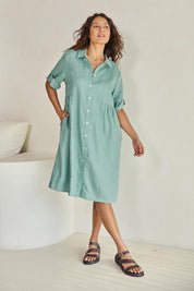 Model Tahneei wearing size 10 of the Linen Shirt Maker Dress – Aloe in colour Aloe, from the front