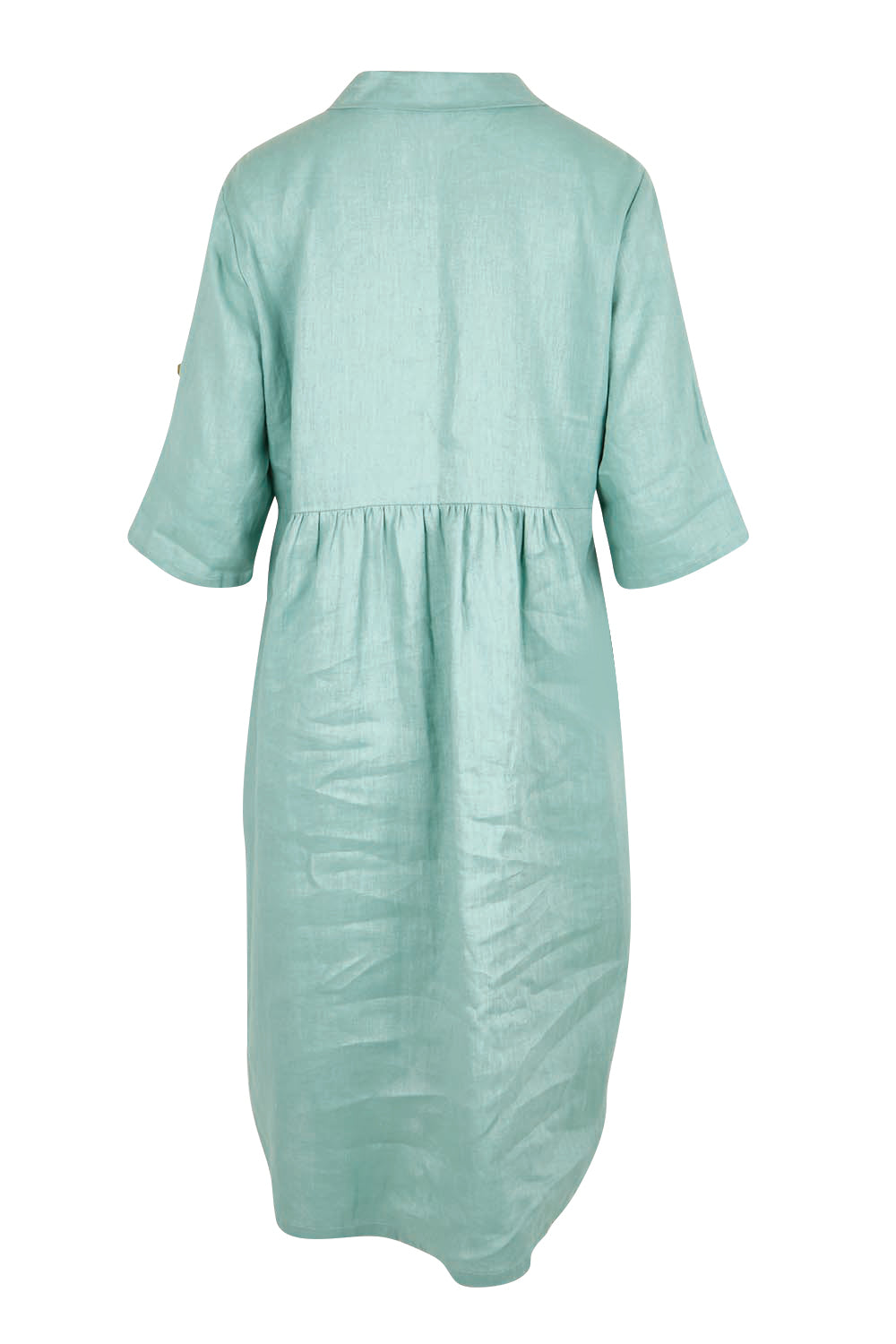Product shot of the Linen Shirt Maker Dress – Aloe in colour Aloe, from the back