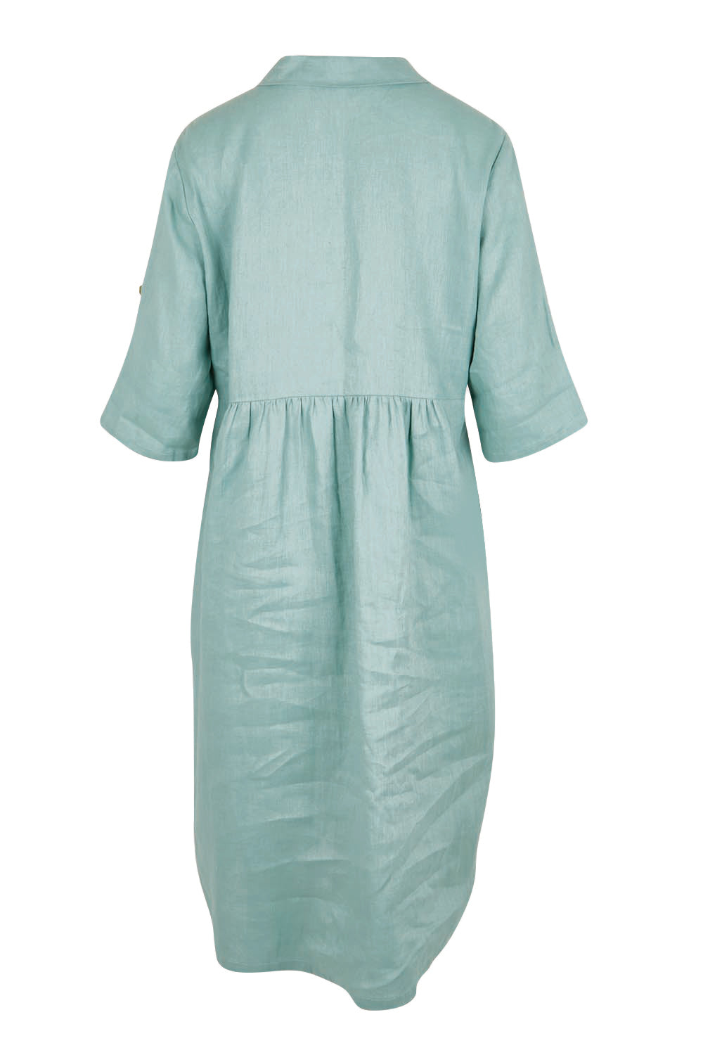 Product shot of the Linen Shirt Maker Dress – Aloe in colour Aloe, from the back