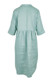 Product shot of the Linen Shirt Maker Dress – Aloe in colour Aloe, from the back