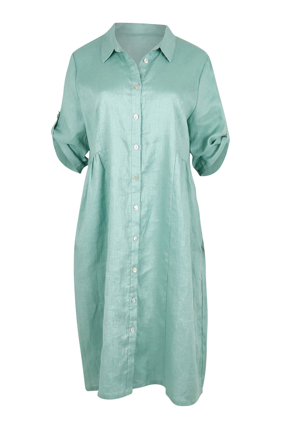 Product shot of the Linen Shirt Maker Dress – Aloe in colour Aloe, showing detail