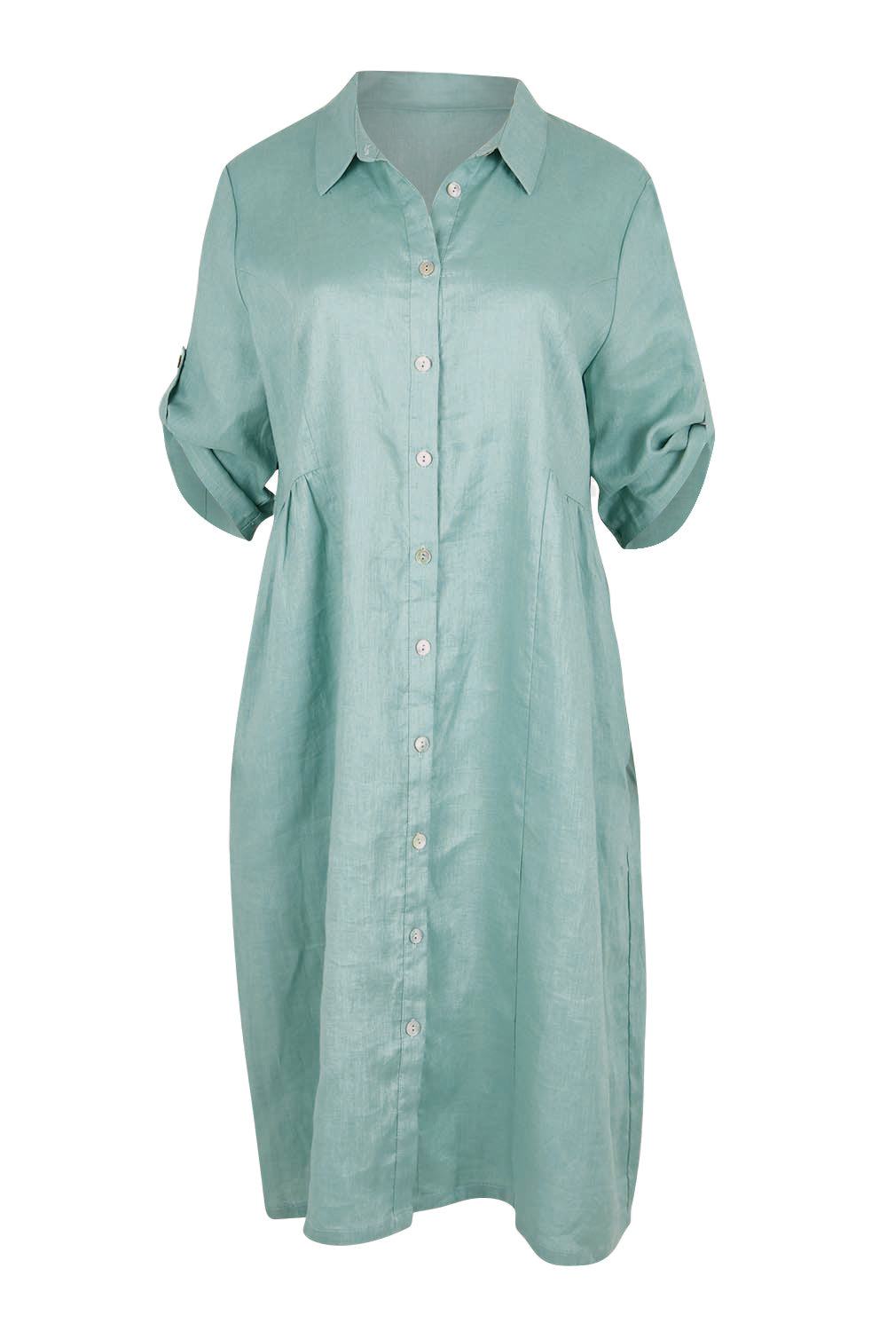 Product shot of the Linen Shirt Maker Dress – Aloe in colour Aloe, showing detail