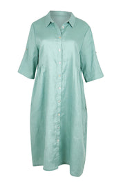 Product shot of the Linen Shirt Maker Dress – Aloe in colour Aloe, from the front