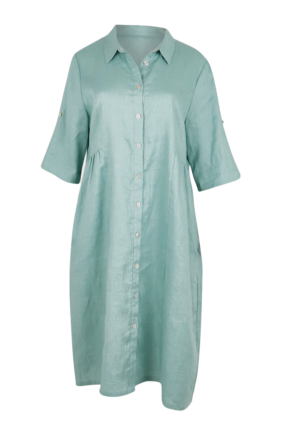 Product shot of the Linen Shirt Maker Dress – Aloe in colour Aloe, from the front