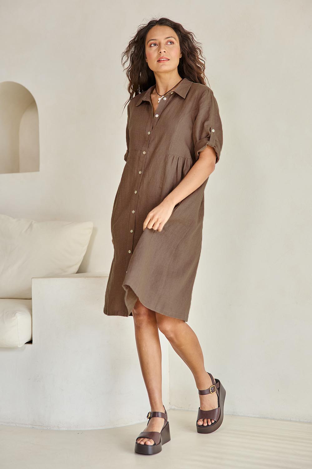 Model Tahneei wearing size 10 of the Linen Shirt Maker Dress – Coffee in colour Coffee, from the front