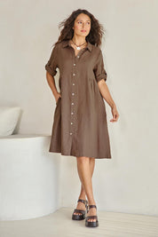 Model Tahneei wearing size 10 of the Linen Shirt Maker Dress – Coffee in colour Coffee, from the front