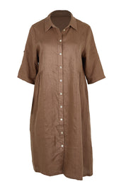 Product shot of the Linen Shirt Maker Dress – Coffee in colour Coffee, from the front
