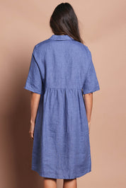Model Amanda wearing size 10 of the Linen Shirt Maker Dress in colour Denim (Blue), from the back