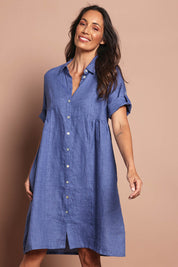 Model Amanda wearing size 10 of the Linen Shirt Maker Dress in colour Denim (Blue), from the front, cropped image