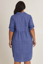 Model Ashleigh wearing size 16 of the Linen Shirt Maker Dress in colour Denim (Blue), from the back