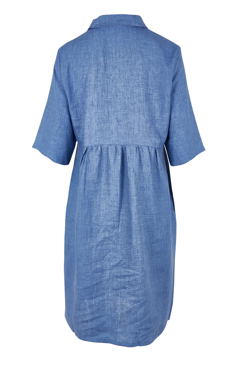 Product shot of the Linen Shirt Maker Dress in colour Denim (Blue), from the back