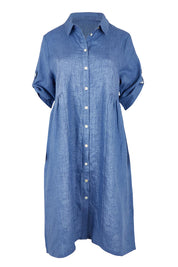 Product shot of the Linen Shirt Maker Dress in colour Denim (Blue), from the front