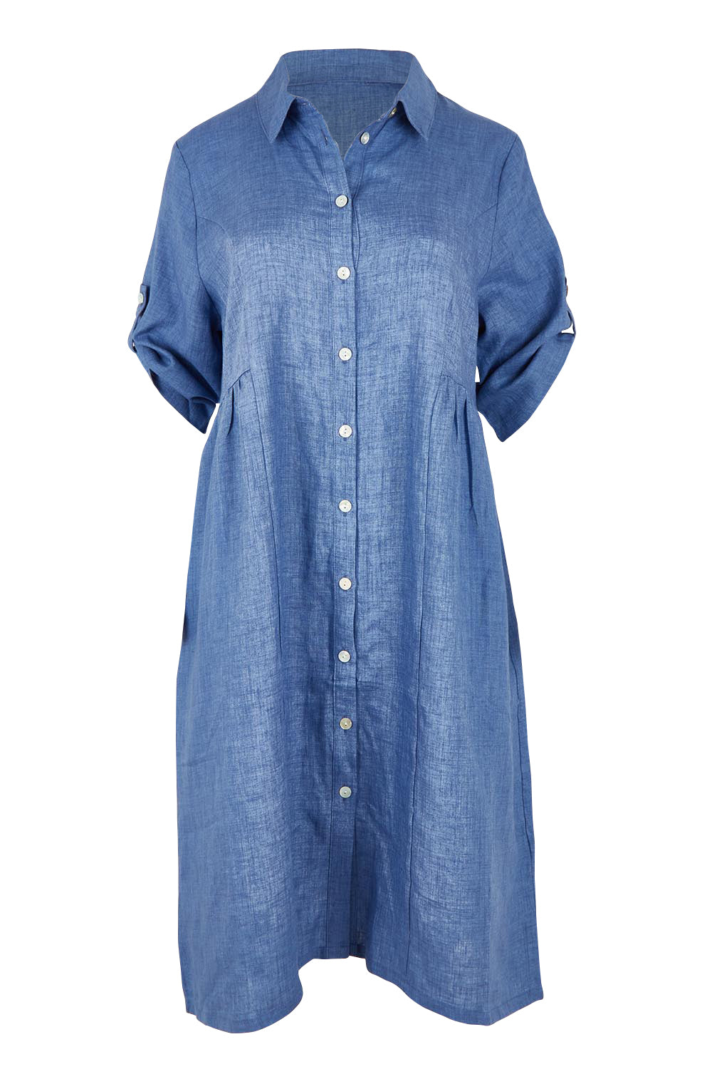 Product shot of the Linen Shirt Maker Dress in colour Denim (Blue), from the front
