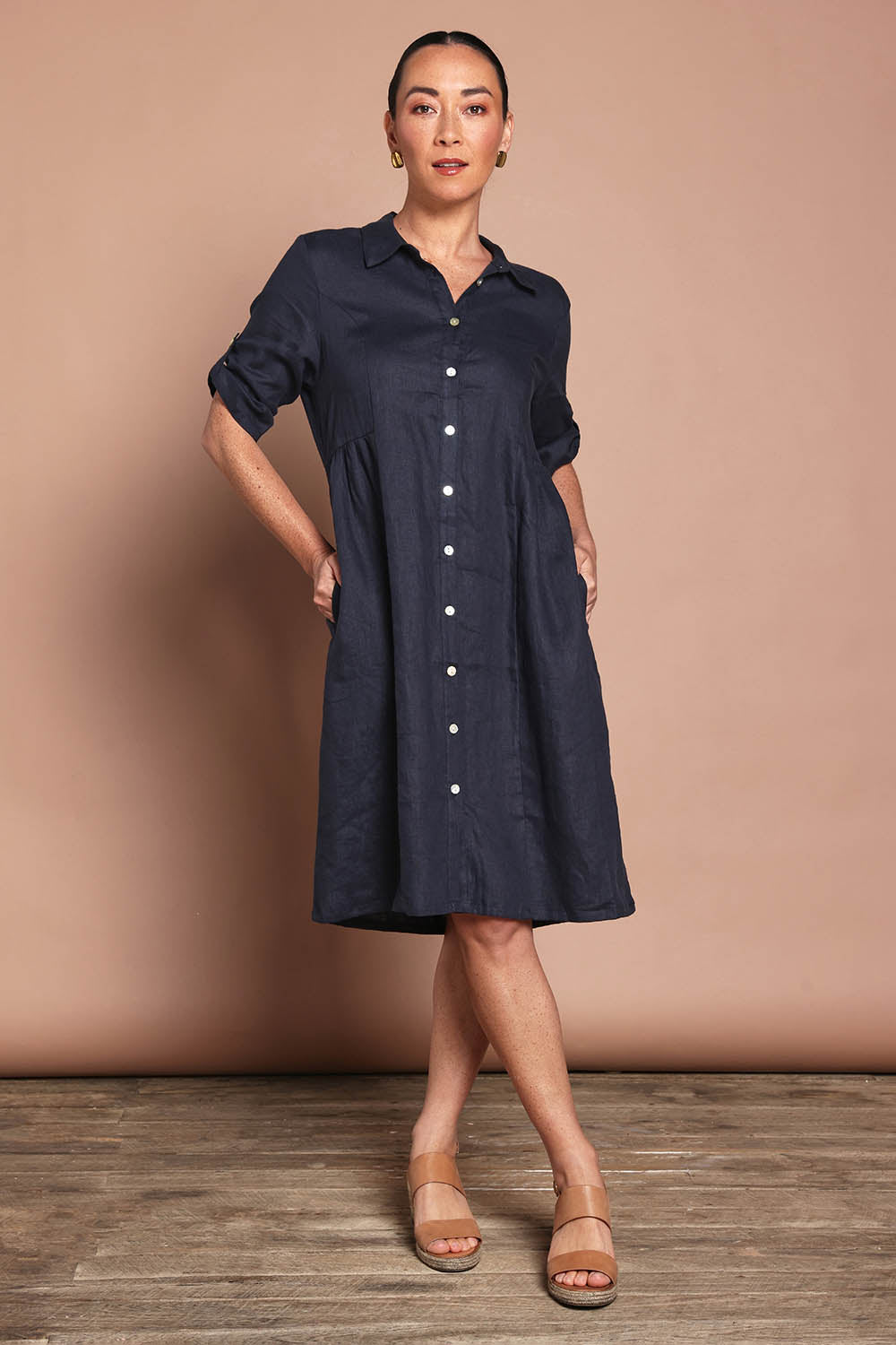 Model Katie wearing size 10 of the Linen Shirt Maker Dress in colour Navy (Blue), from the front, showing the whole outfit